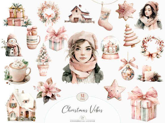 31 PNG Christmas Vibes Clipart Set: Illustrations for Local Business Branding