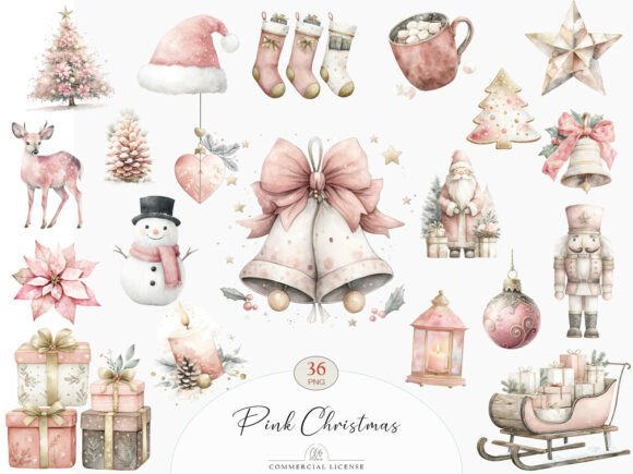 36 PNG Pink Christmas Clipart Set for Illustrations