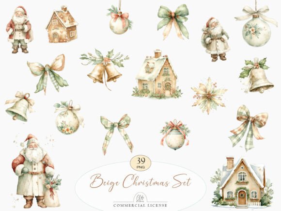 39 PNG Beige Christmas Clipart Set for Illustrations