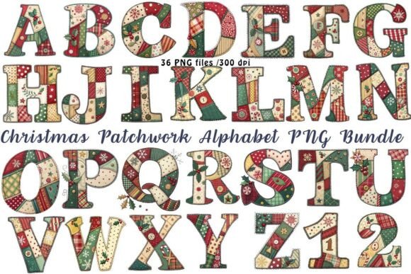 Christmas Patchwork Alphabet PNG Bundle