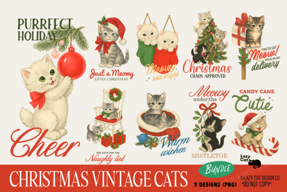 Christmas Vintage Cat PNG Bundle: Essential Illustrations for Holiday Branding