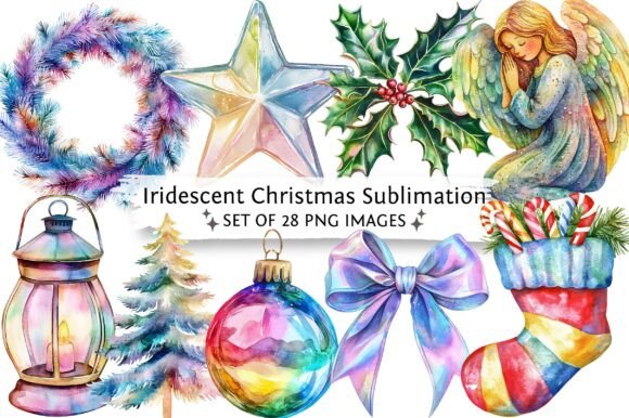 Iridescent Christmas Sublimation Clipart for Illustrations