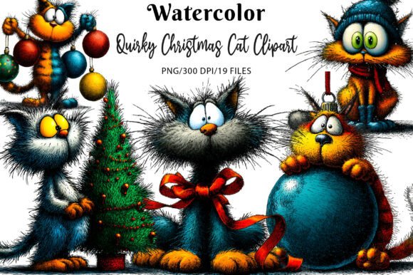 Quirky Christmas Cat Clipart for Illustrations