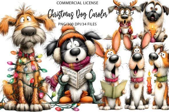 Quirky Christmas Dog Caroler Clipart Illustrations