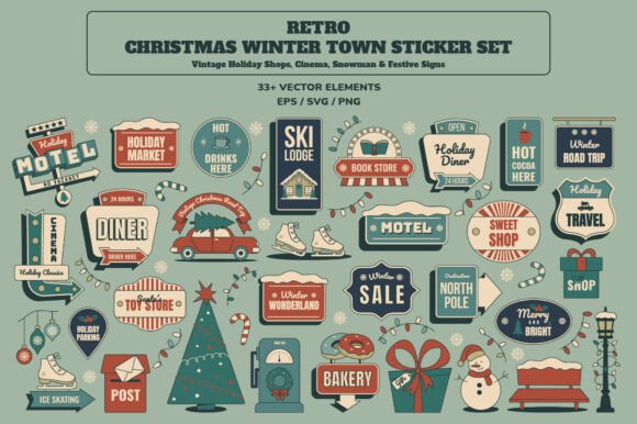 Retro Christmas Winter Town Stickers for Illustrations