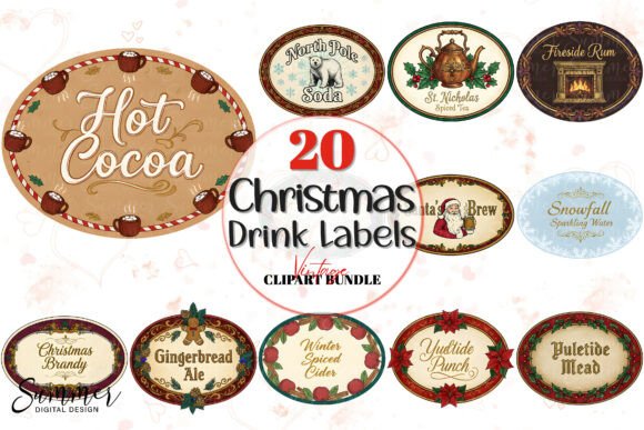 Vintage Christmas Oval Drink Labels PNG