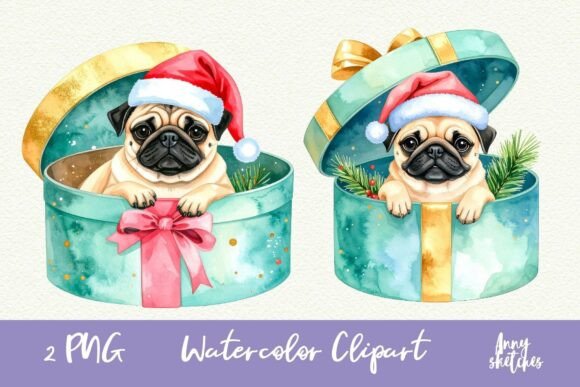 Vintage Christmas Pug on a Gift Box Illustrations Review