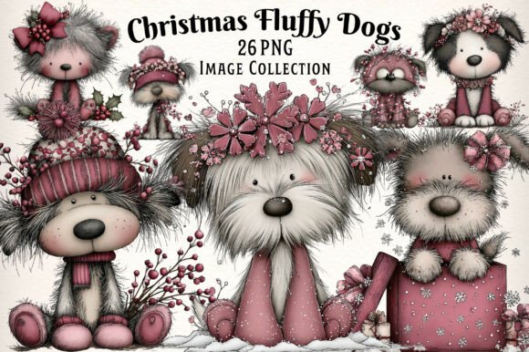 Whimsical Christmas Fluffy Dogs Clipart for Illustrations